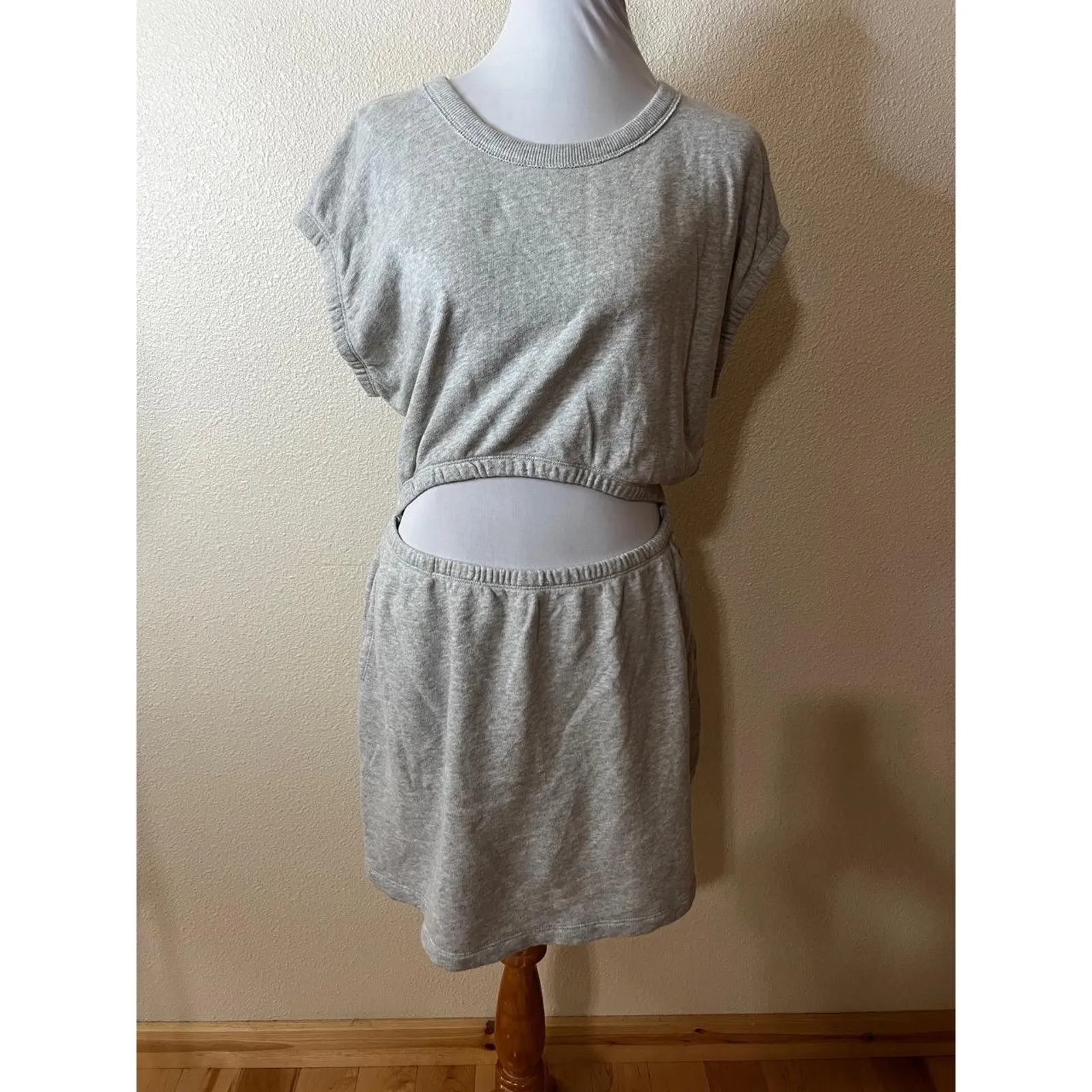 OFFLINE Aerie Womens Large Light Grey Cut Out Mini Dress Short Sleeve Trendy Gray - Image 2
