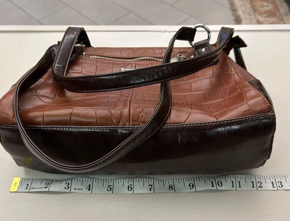 Stone Mountain Brown Leather Satchel with Crocodile Pattern and Silver Accents - Image 8