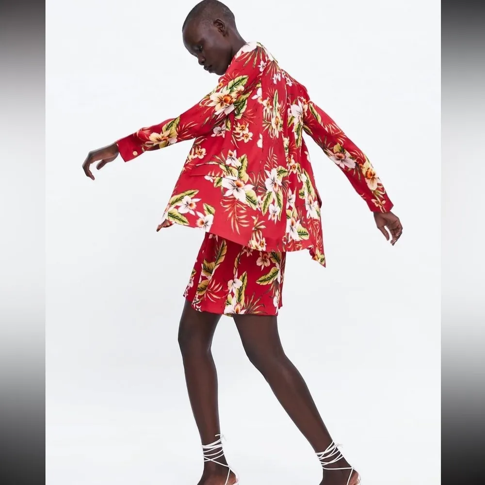 Zara Satin Floral Hawaiian Print Blazer Red/Green SIZE XS NEW - Image 6