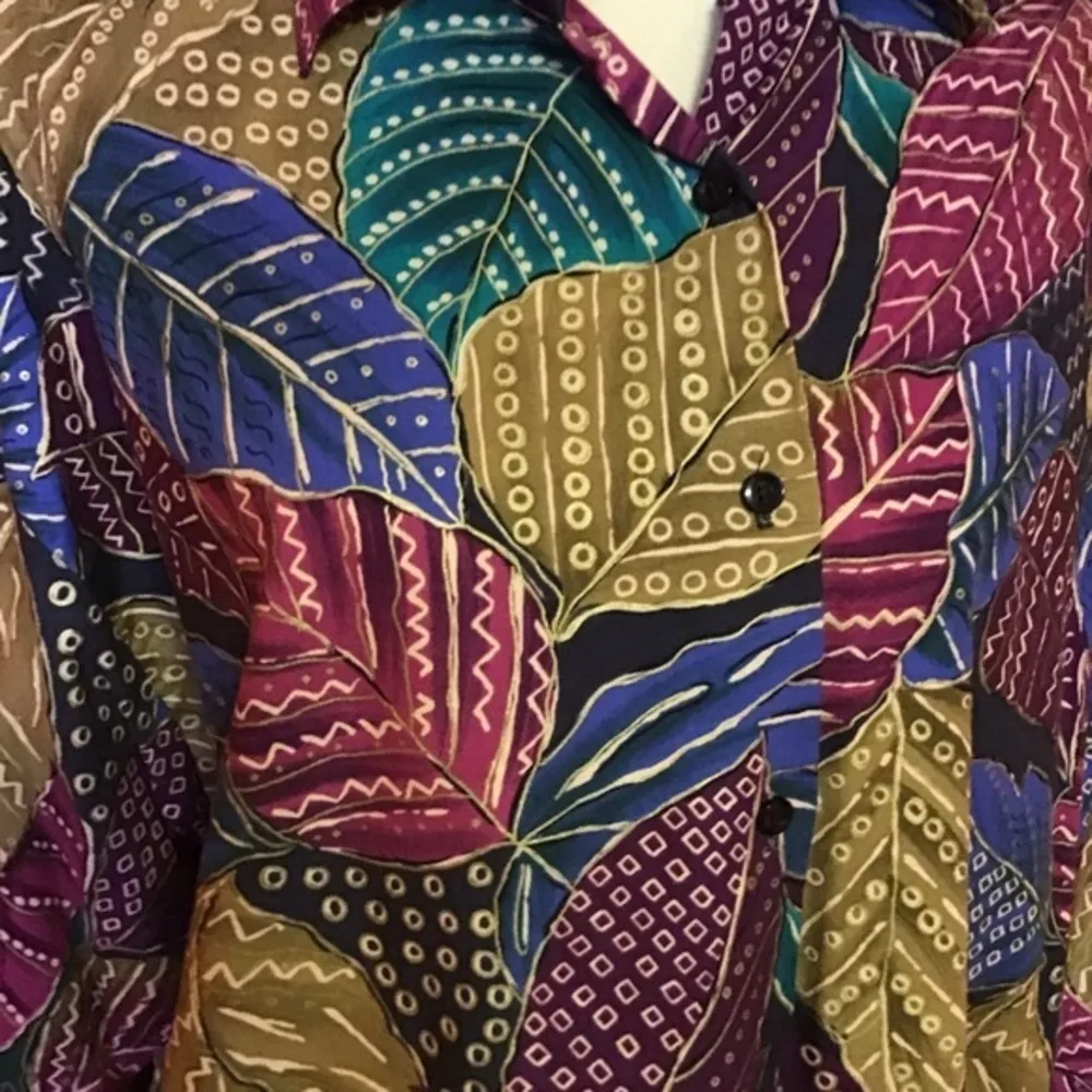 Vintage 80s Leaf Print Button Down Shirt Multicolor Long Sleeve Size 16 - Image 6