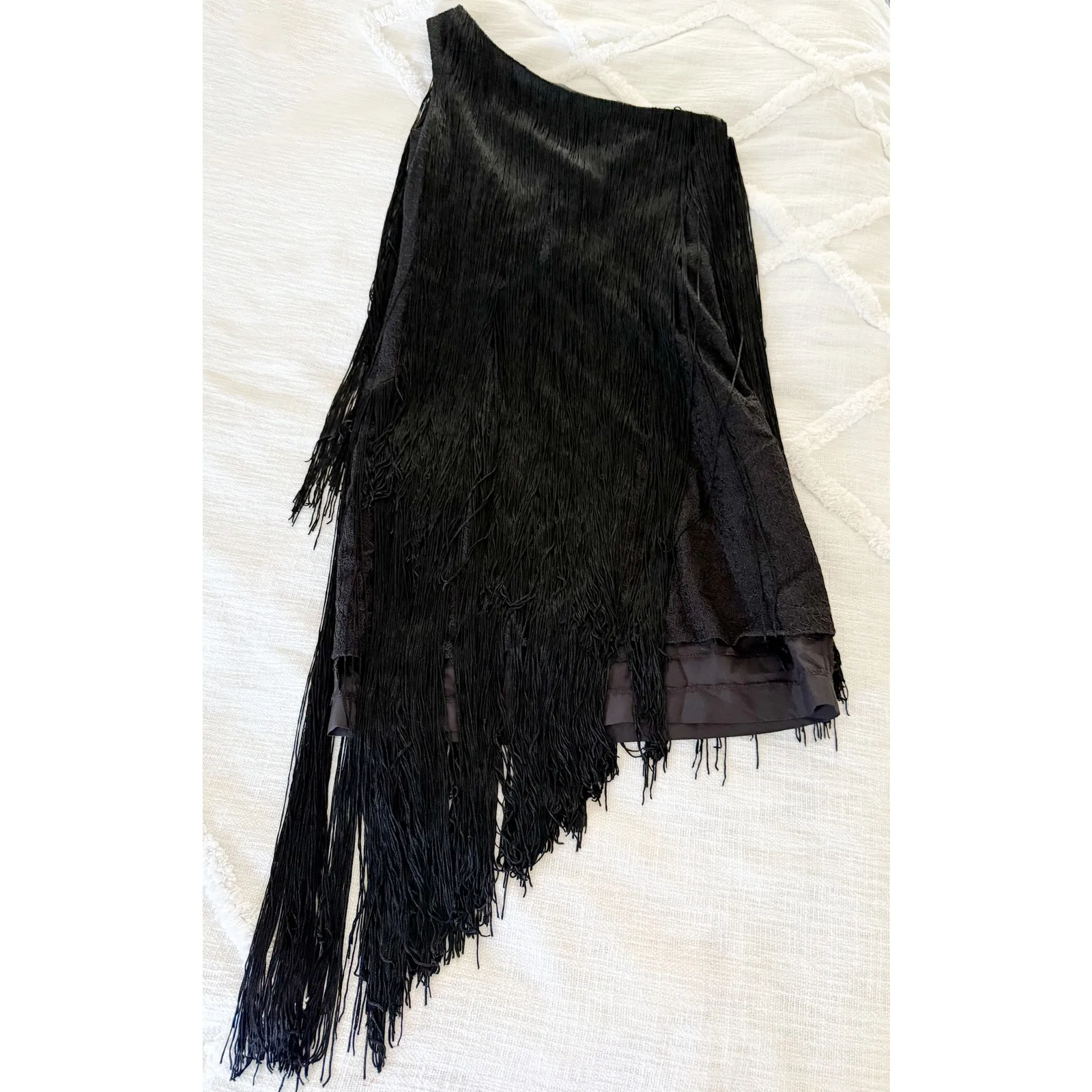 Aidan by Aidan Mattox | One Shoulder Flapper Style Black Dress with Fringe | 4 - Image 6