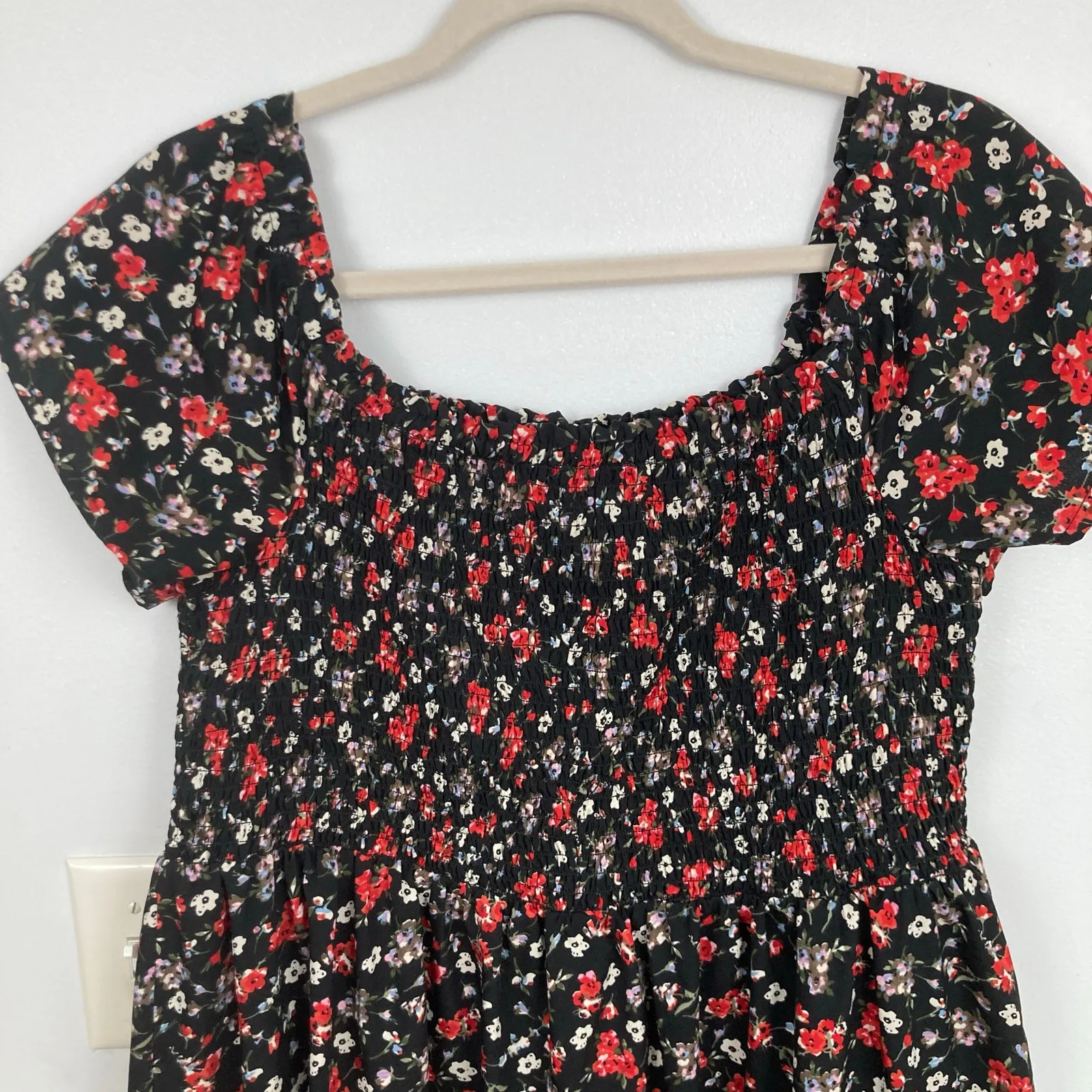Primark Womens 14 Black Ditsy Floral Smocked Tier Dress Cottage Milkmaid Prairie - Image 8