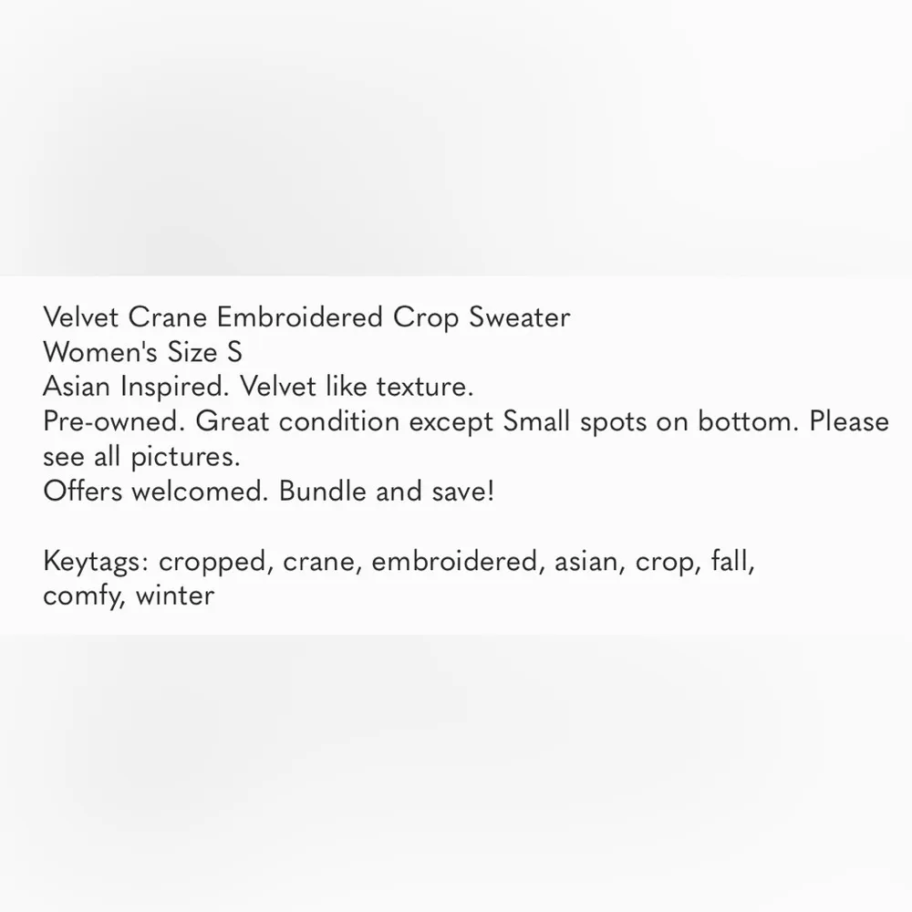 Aself Velvet Crane Embroidered Crop Sweater Women's Size S Asian Inspired Black - Image 9