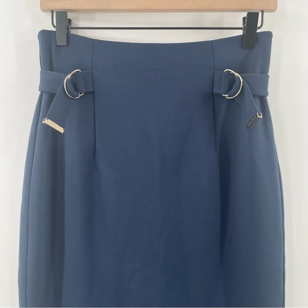 OROTON Skirt Size US 6 Blue Double Belted Luxury Designer Australia Office Work - Image 5