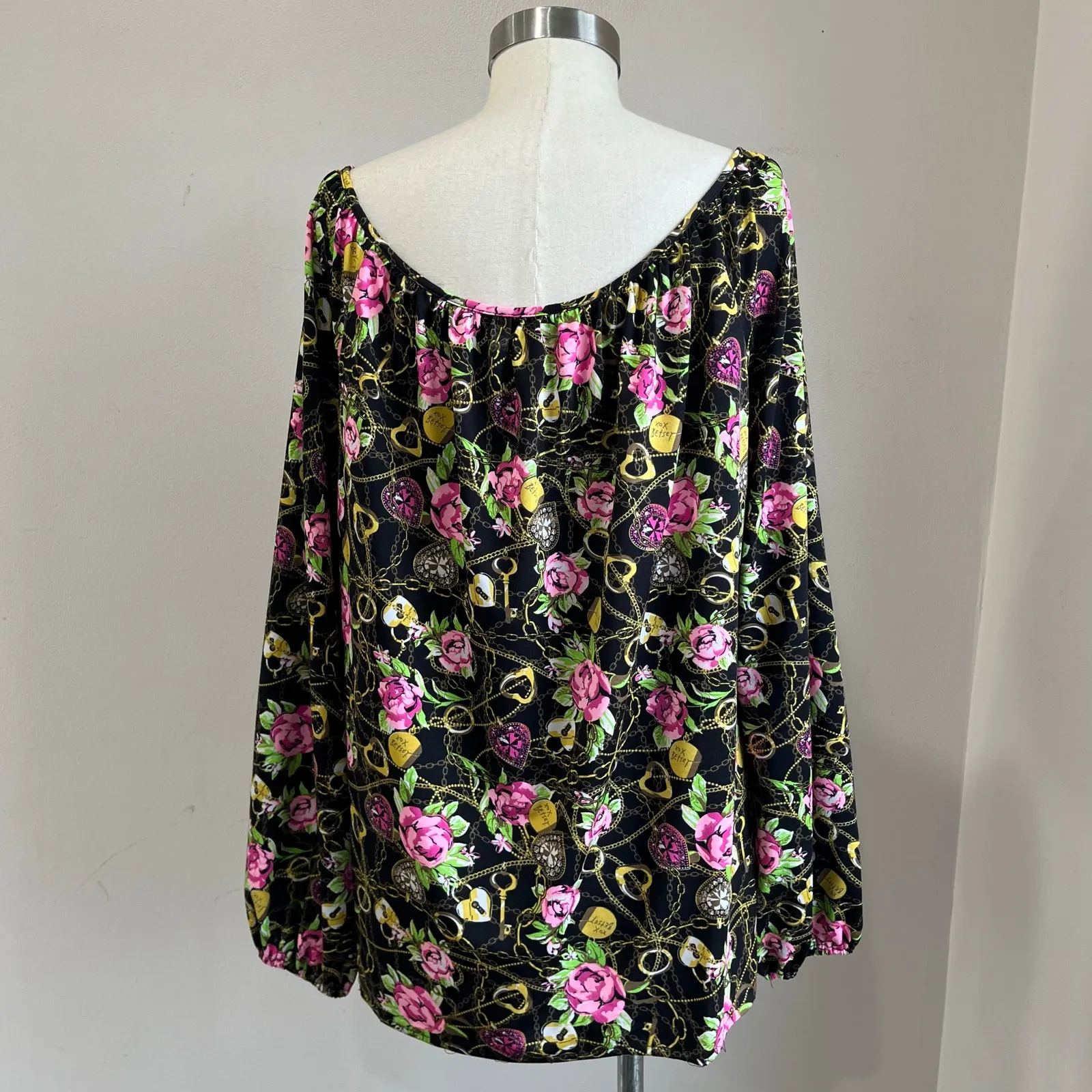 Betsey Johnson Floral Chain Print Blouson Top XL Pink Roses Boho Glam - Image 2