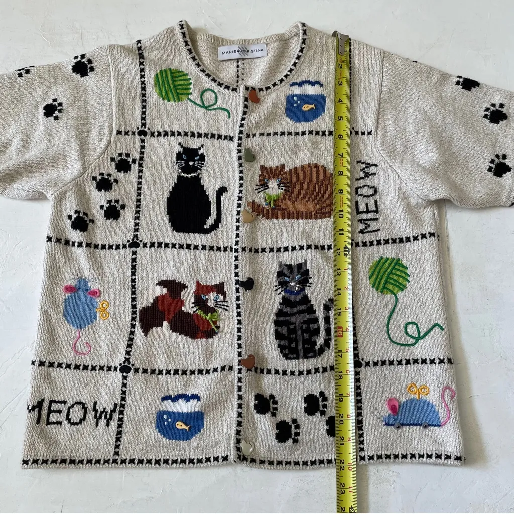 Marisa Christina Sweater Short Sleeve Knitted Button Up Cats Lovers Women's Black Size M - Image 8