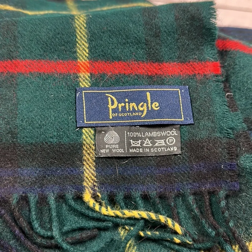 Pringle of Scotland plaid tartan Lambswool scarf fringe Green - Image 5
