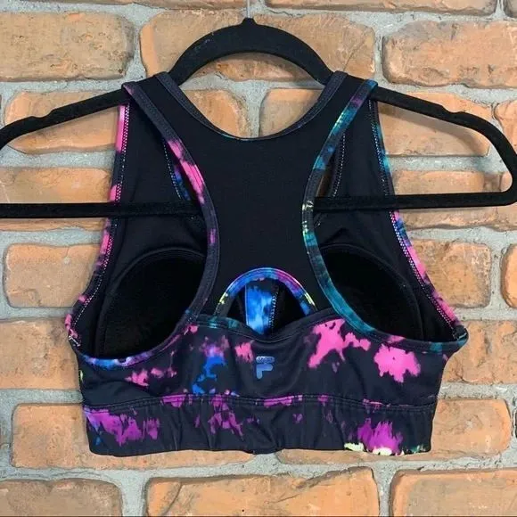 FILA Sport Sports Bra‎ XS Black Tie Dye Zip Front Multi Color Athletic Workout - Image 2