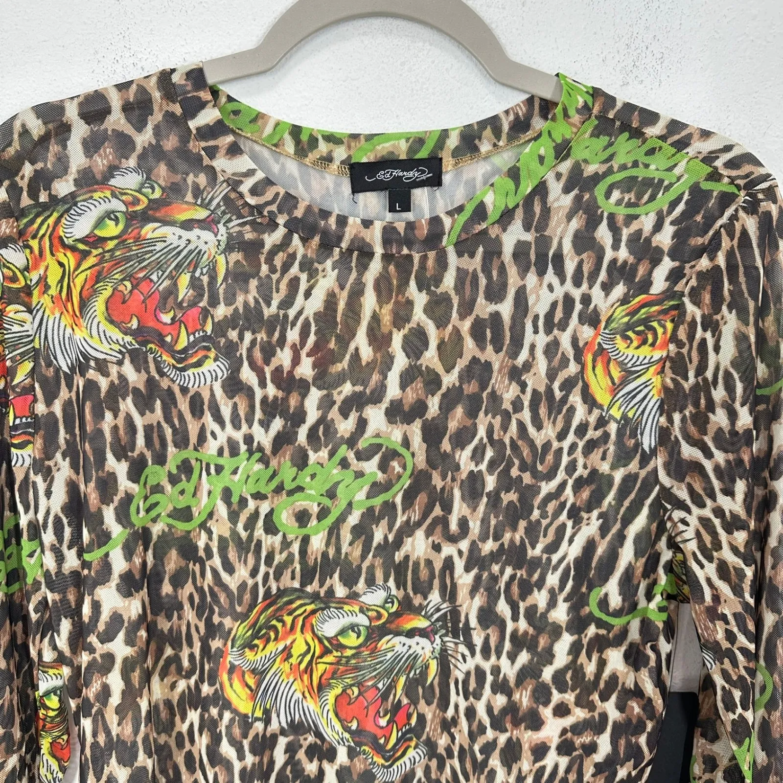Ed Hardy Women's Long Sleeve Sheer Mesh Tiger Leopard Print Top Shirt Size L NWT - Image 2
