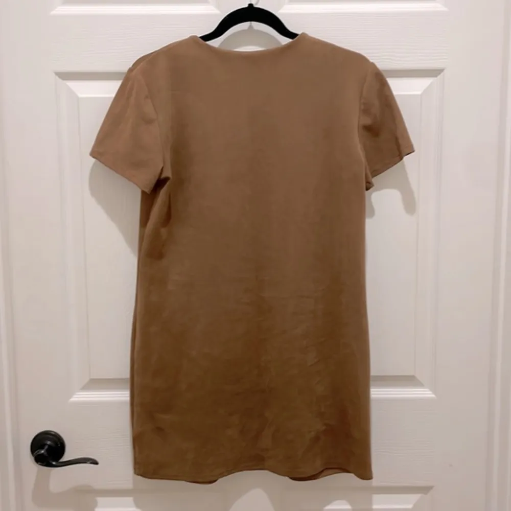 WAYF Camel Brown Faux Suede Short Sleeve Mini Shirt Dress - Image 2