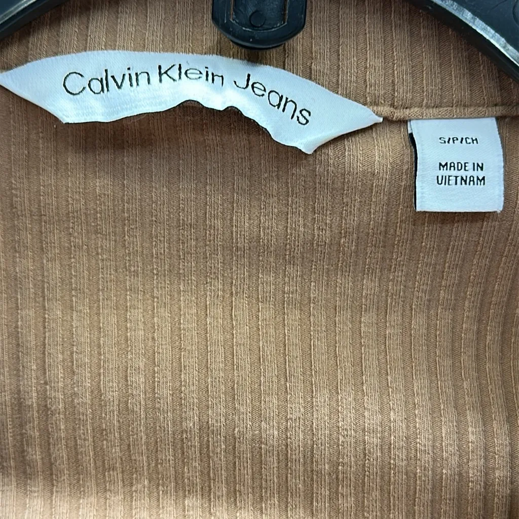 Calvin Klein Tan Ribbed Button Front Collared Long Sleeve Formfit Top Petite S - Image 10