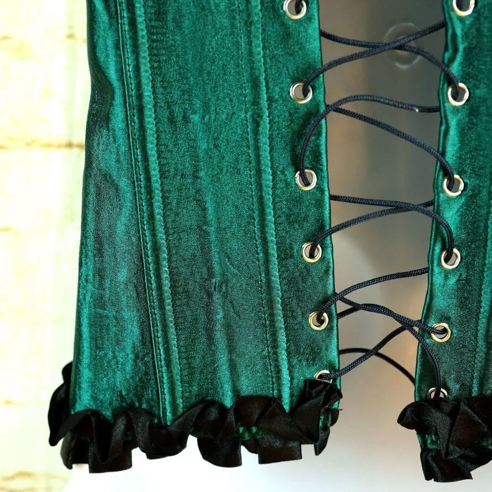 Overbust Corset Womens L Green Satin Black Trim Boned Halloween Cosplay Goth Size L - Image 11