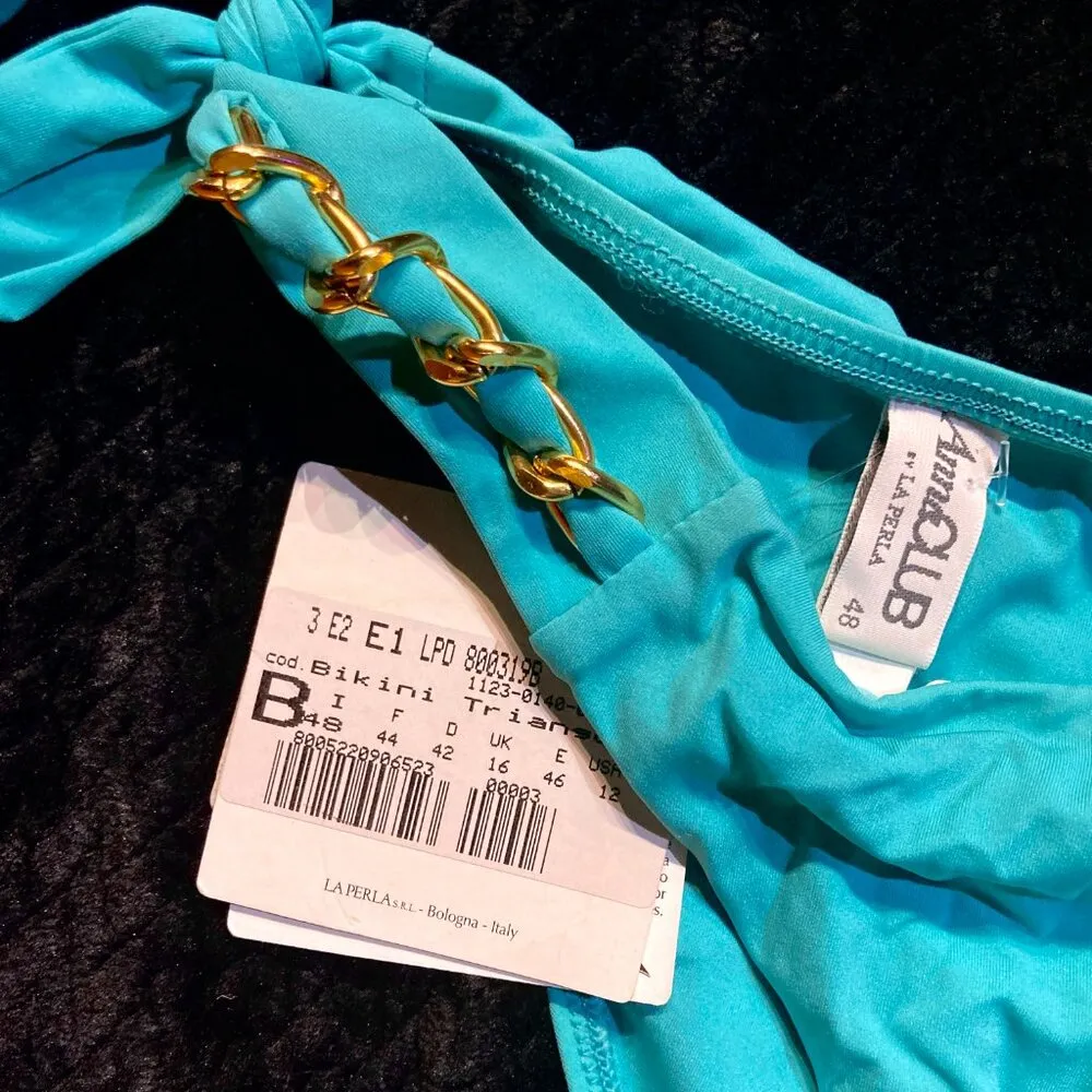 La Perla Bikini 2pc Swim Set Tie Chains Embellished Bottom Top Teal Blue L 12 48 - Image 2