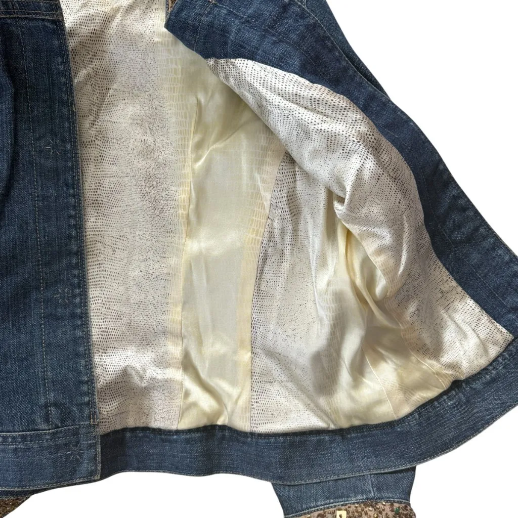 Elie Tahari 3/4 sleeve medium wash blue denim embellished jean jacket XS-S - Image 10