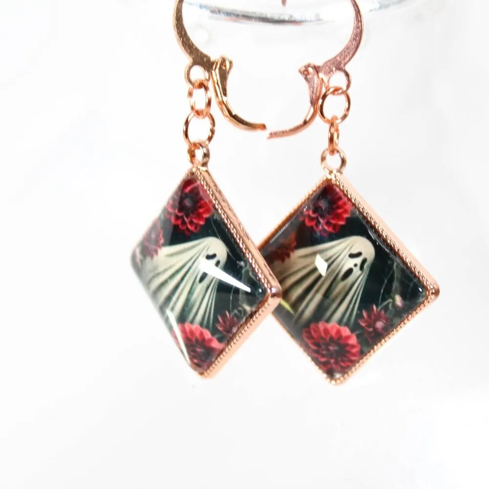 The Phantom Among the Dahlias Earrings Handmade Pastel Goth Rose Gold Tone Metal - Image 3