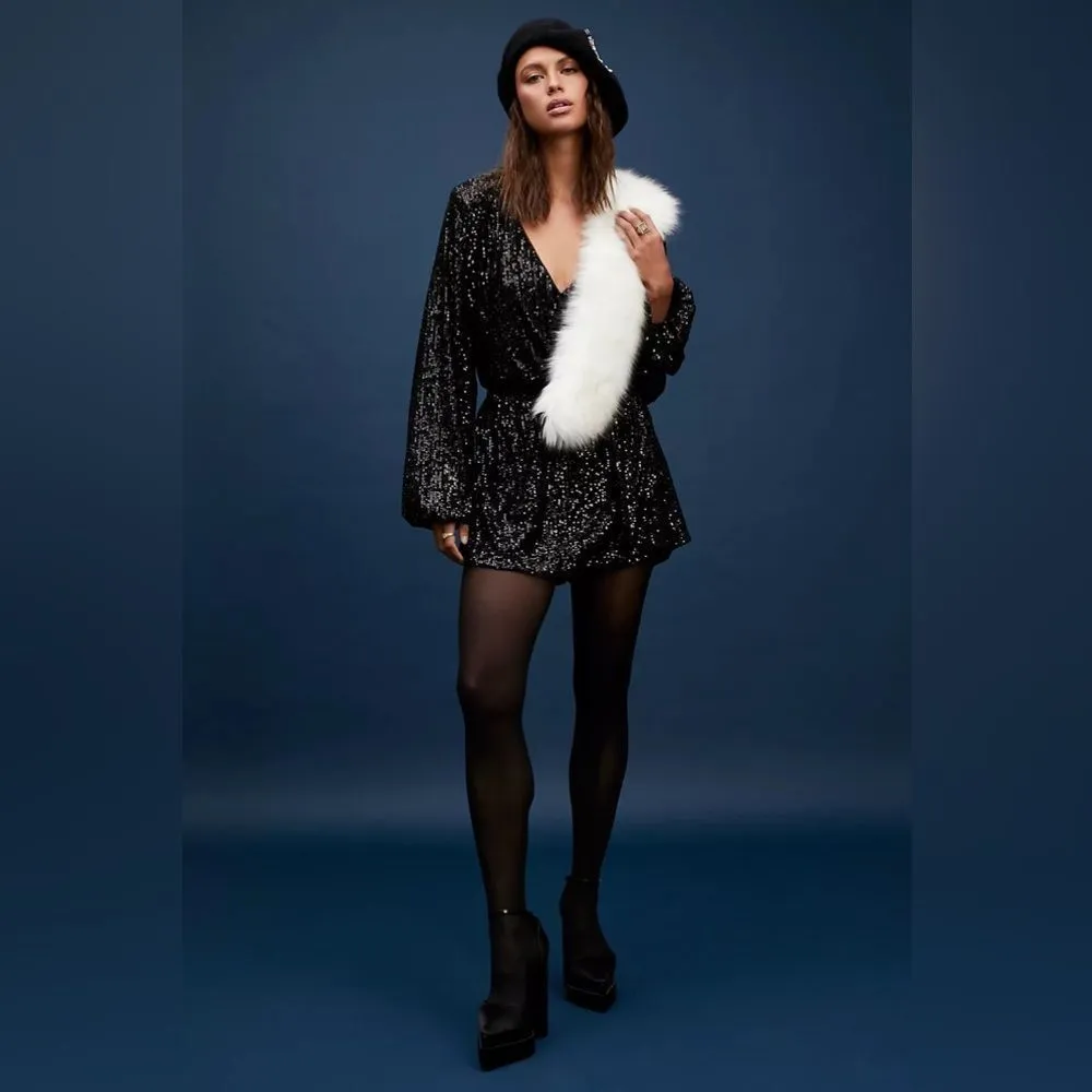 FREE‎ PEOPLE Black Wrap Sequin Romper Mini Dress Long Sleeves Low Cut Small New - Image 14