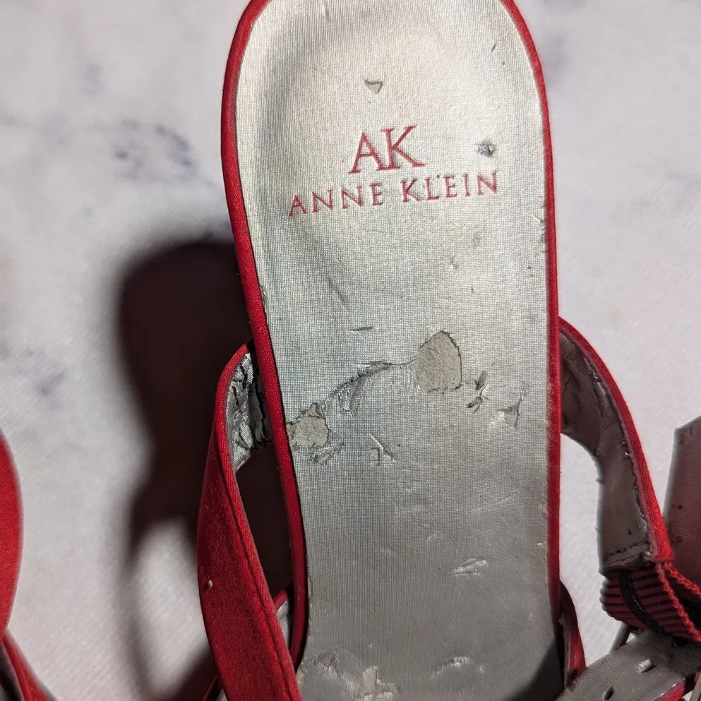 Vtg Y2K Anne Klein Red Satin Rhinestone Buckle Pointed Toe Stiletto Mules Sz 7.5 - Image 4