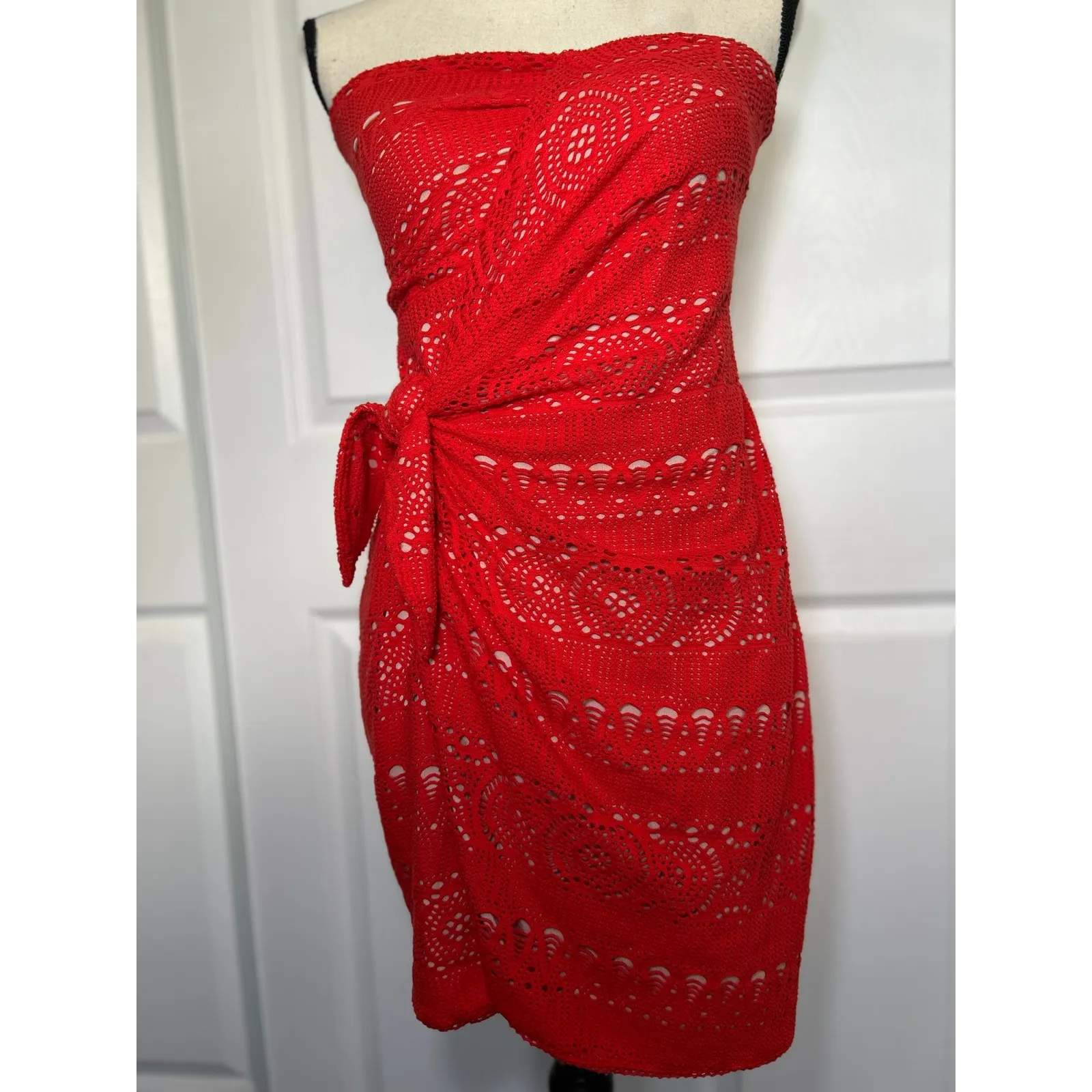 Free People Oceanside Red Crochet Strapless Mini Dress Wrap Small Boho‎ Festival - Image 2