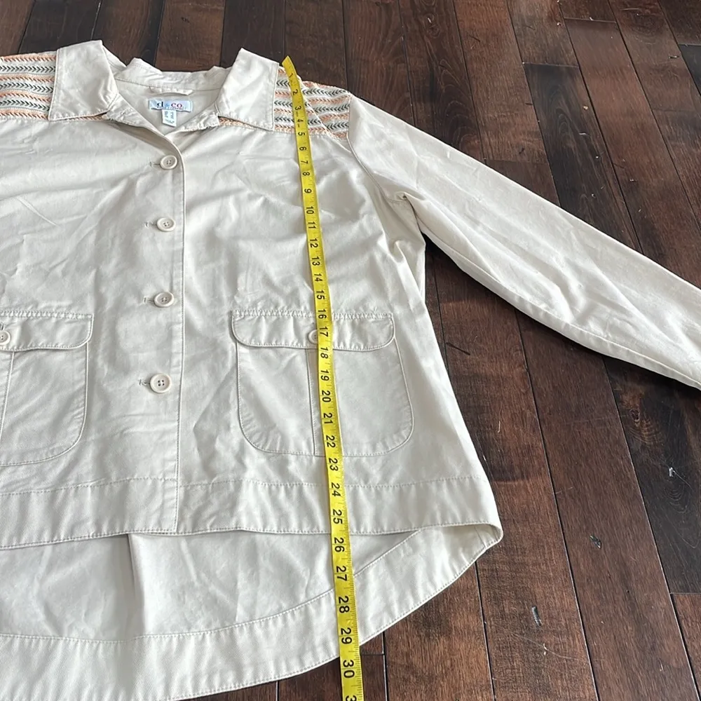 Denim & Co. Cotton Lightweight Jacket Button up High Low Tan Embroidered Size L Size L - Image 7