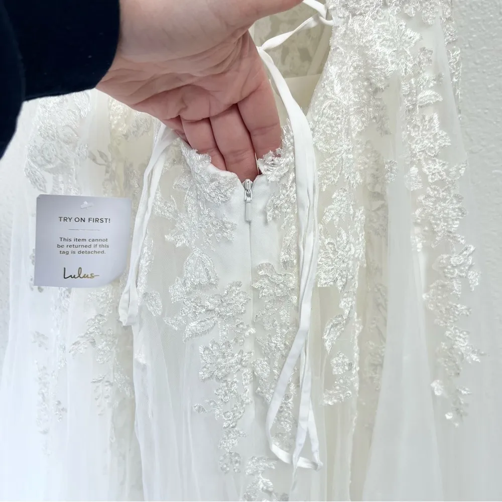 Lulus Luxury White Sheer Tulle Embroidered Beaded Bridal Gown Size Large NWT - Image 10