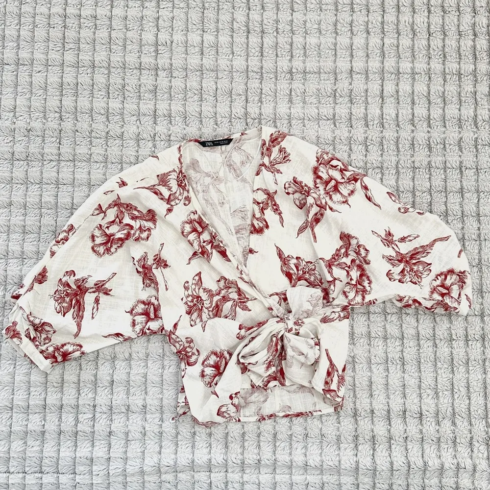 Zara Linen Blend Floral Wrap Blouse - Image 3