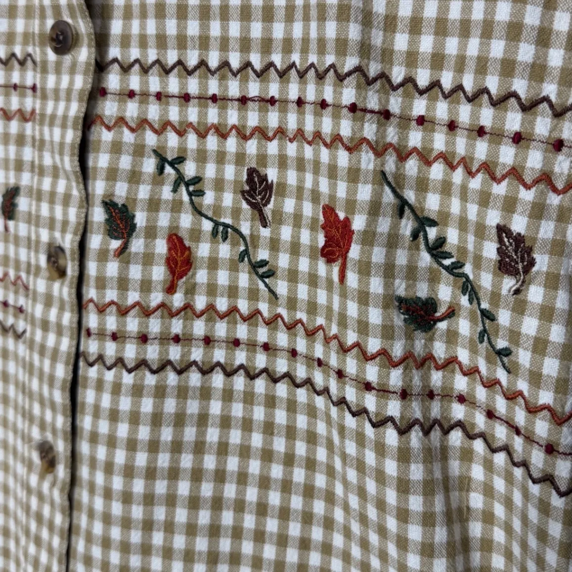 Cascade Blues Womens M Gingham Embroidered Button Up Shirt 3/4 Sleeve Top Tan Size M - Image 3