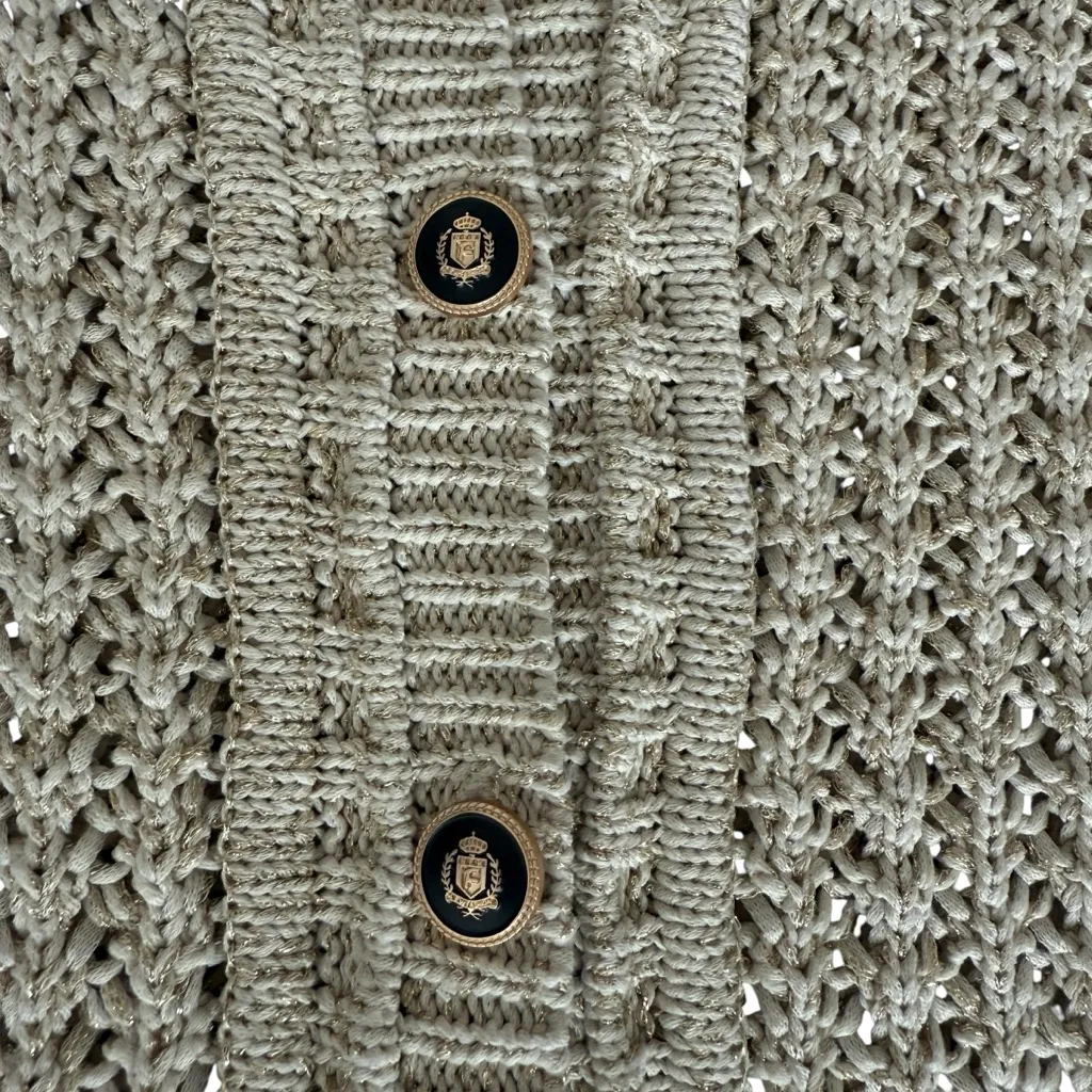 Rachel Zoe Sweater Womens XL Tan Gold Metallic Open Knit Cardigan Crest Buttons - Image 5