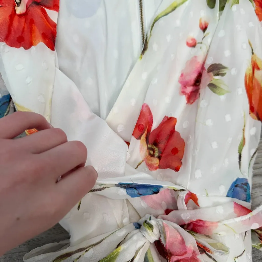 Roz + Ali white floral faux wrap midi dress belt tie lined sheer sleeve 6 I17 - Image 5