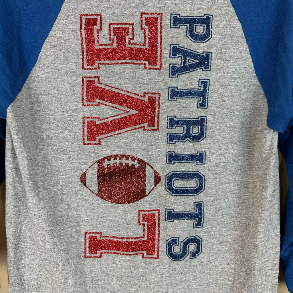 Love Patriots Football Blue & Gray Women’s 3/4 Sleeve Top T-shirt Small - Image 2