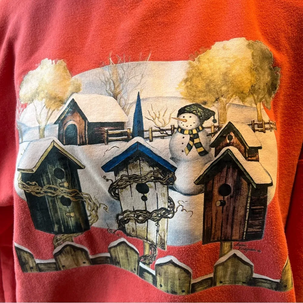 Vintage Snowman Birdhouse Winter Scene Crewneck Sweatshirt Size XL Orange - Image 5