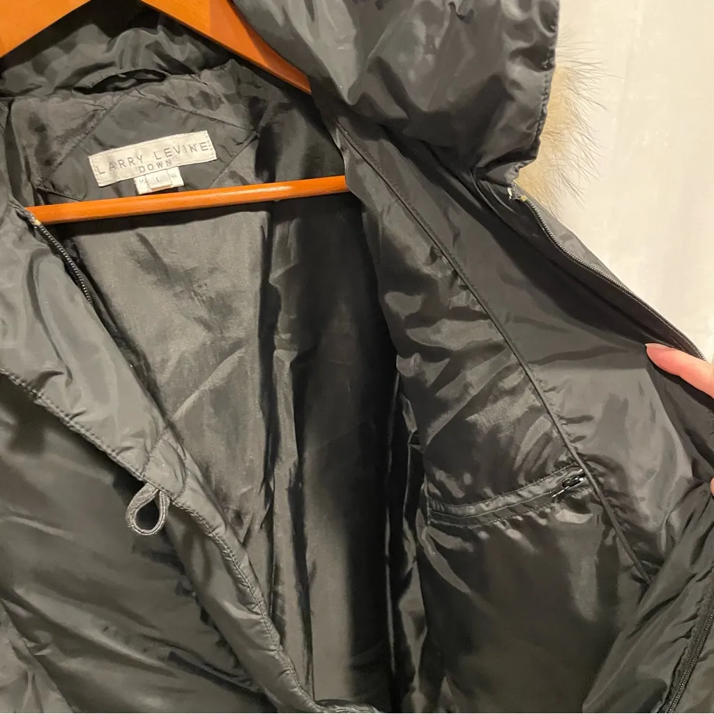 Warm cozy Larry Levine down feather black puffer coat fur collar pockets - Image 5