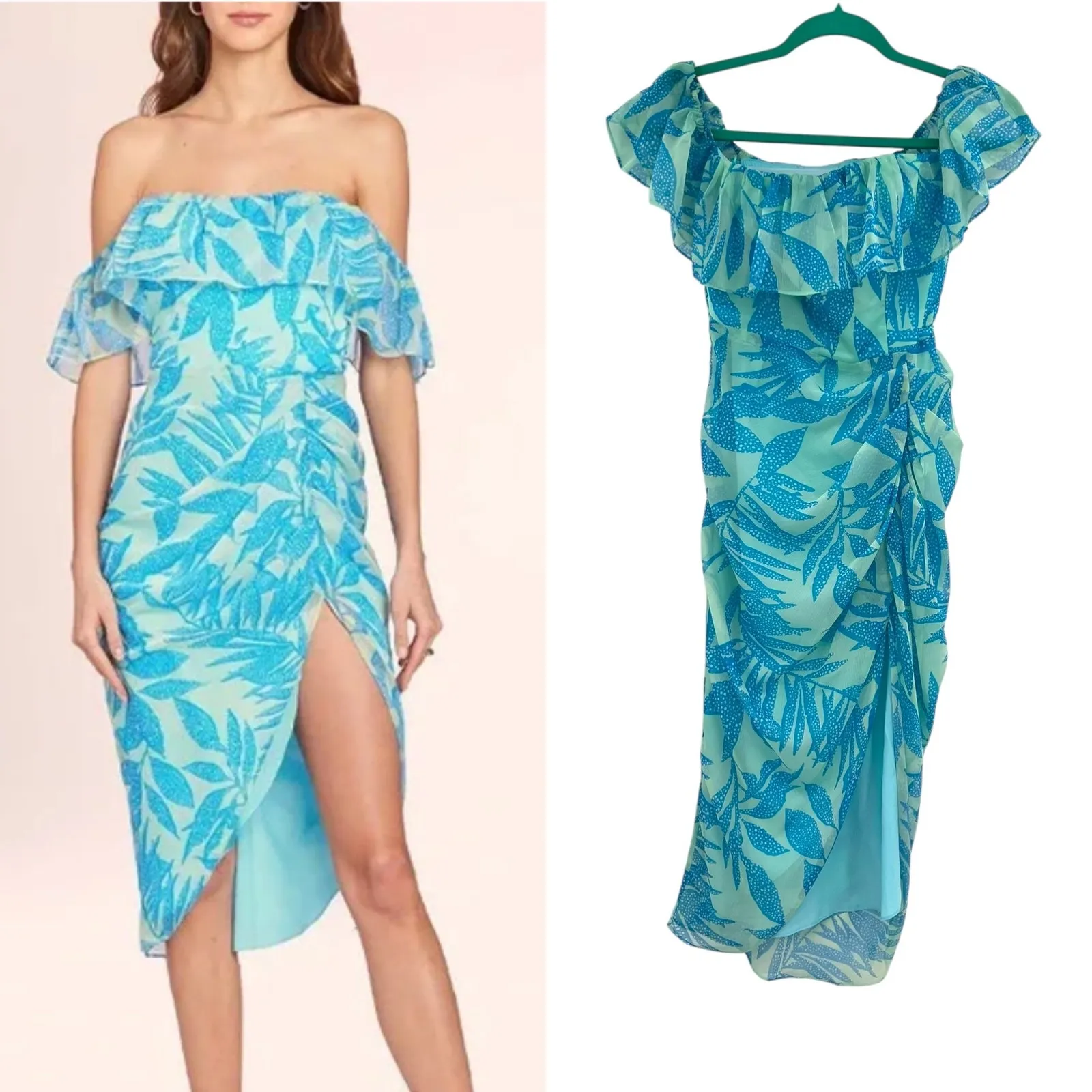 Amanda Uprichard Rosalinda Off-Shoulder Dress Tropical Print Green Blue Size XS‎ - Image 2