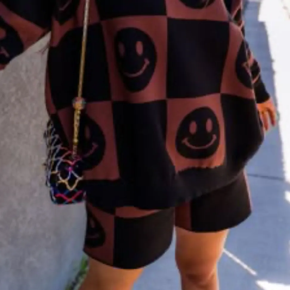 Dressed in LALA Good Time Girl Smiley Checkerboard Knit Shorts Size 2X Brown - Image 3