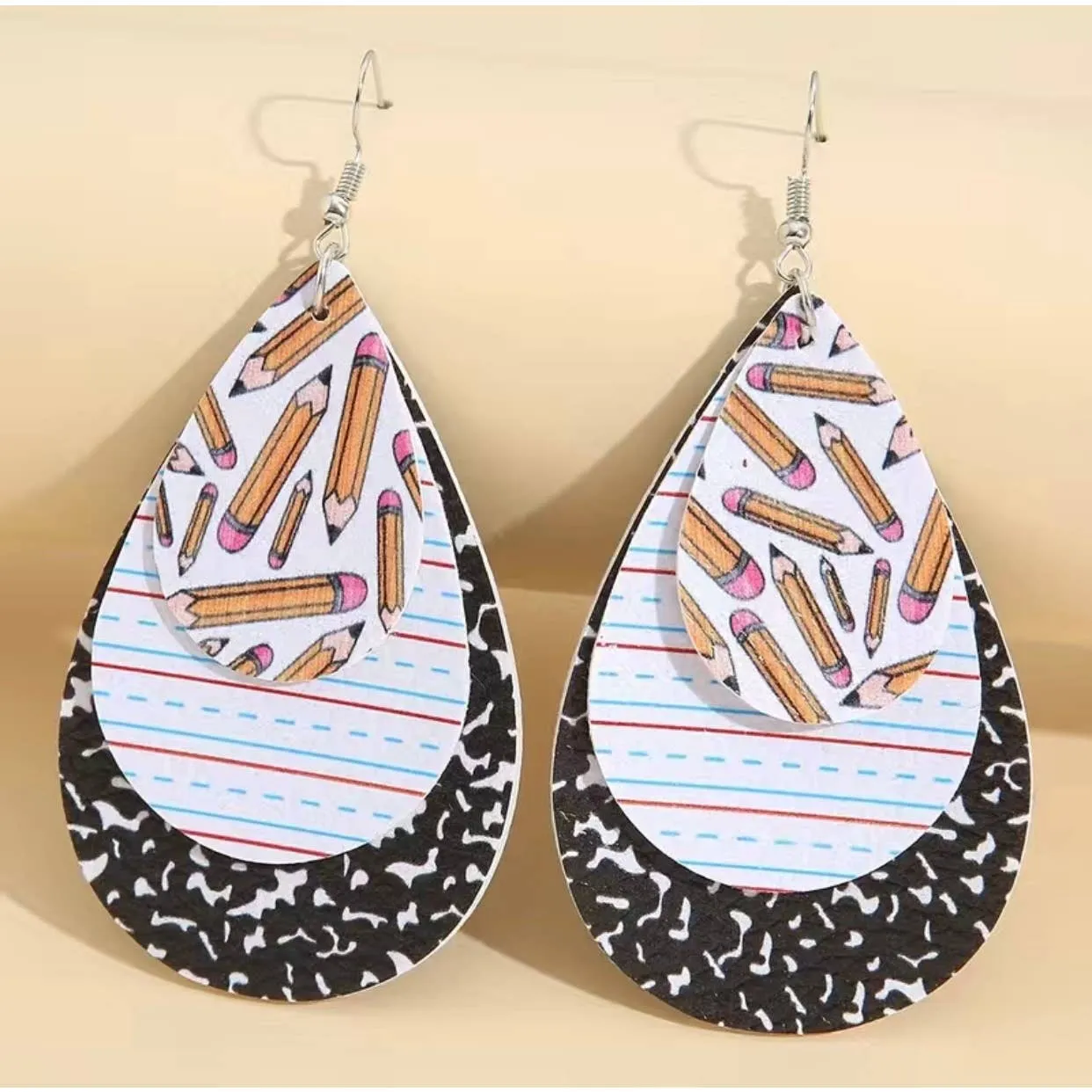 Water drop shape 3 layer faux leather light weight teacher dangle‎ earrin… - Image 4