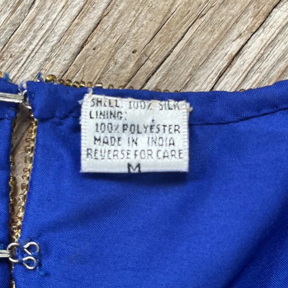 Laurence Kazar Vintage Royal Blue Beaded 100% Silk Evening Blouse Size M - Image 10