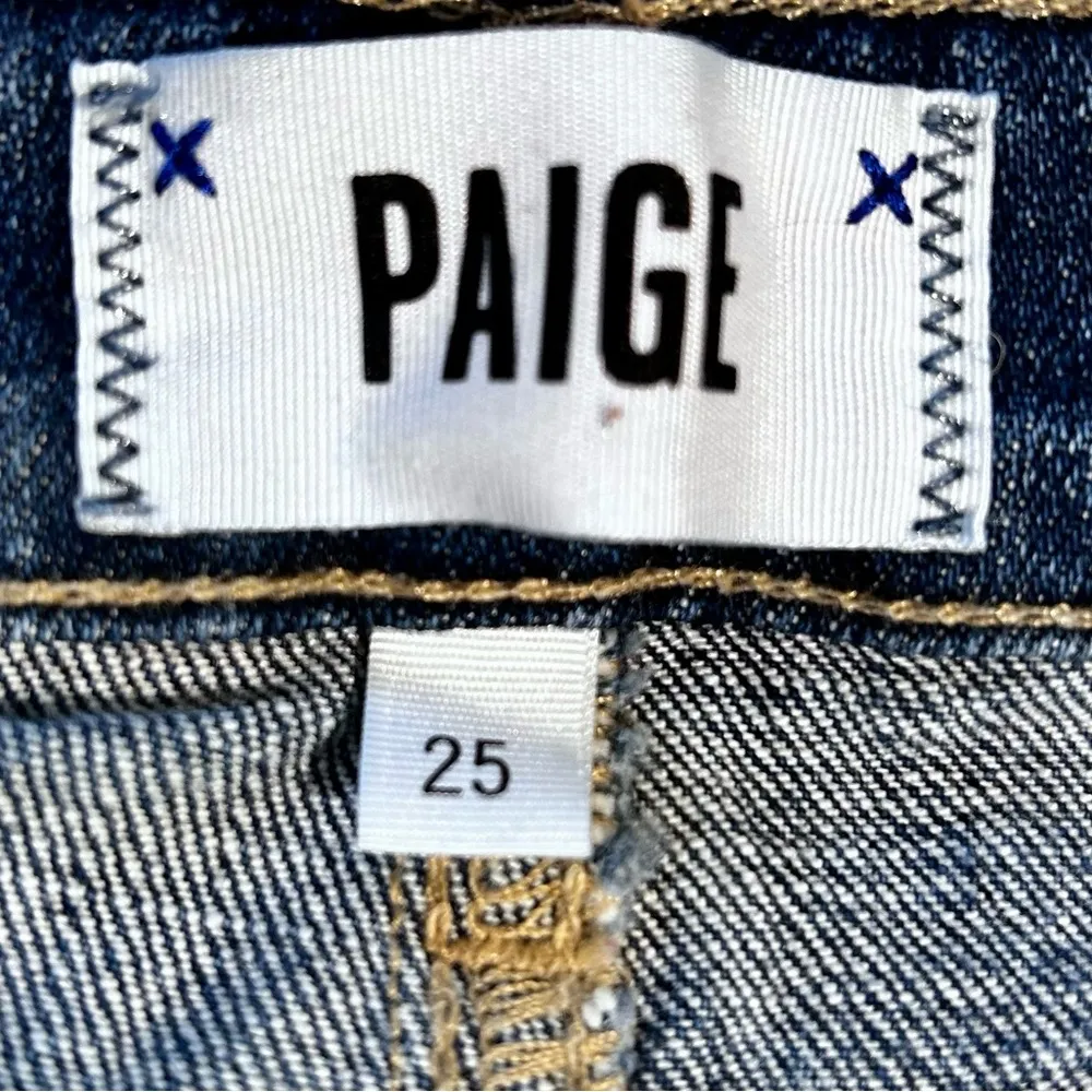PAIGE Margot  High Waist Distressed Raw Edge Medium Wash Jean Shorts Sz 25 - Image 7