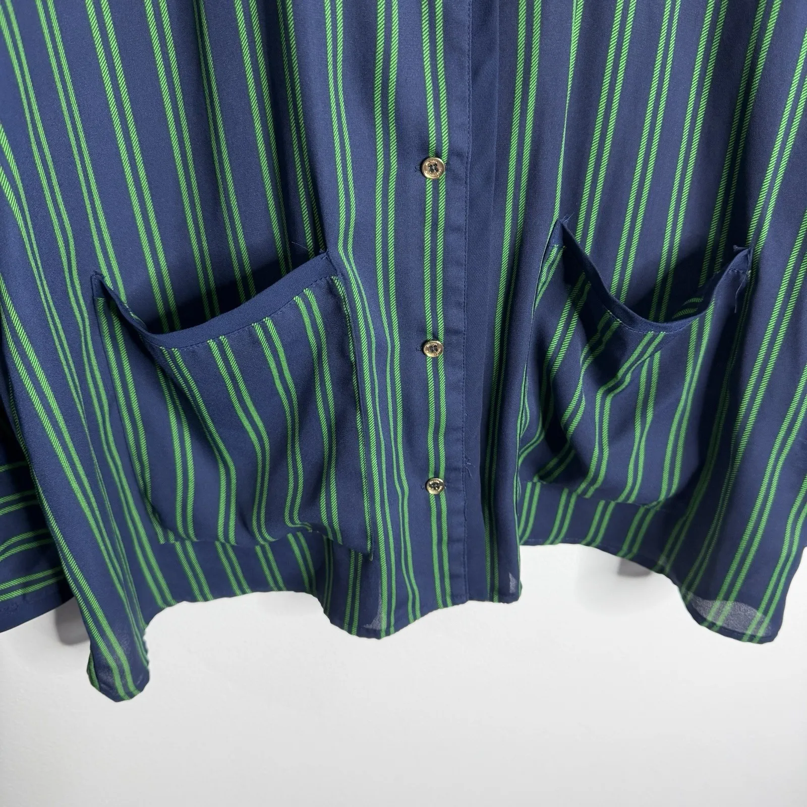 Michael Kors Women's XL Relaxed Fit Navy Green Striped Blouse Patch Pockets - Image 6