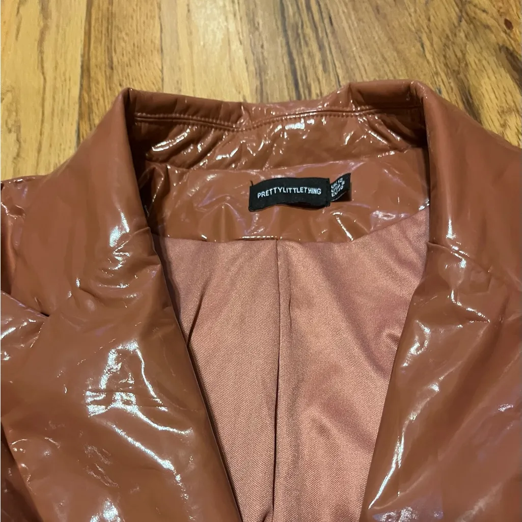 PrettyLittleThing Brown Patent Leather Blazer Jacket Size 8 - Image 3