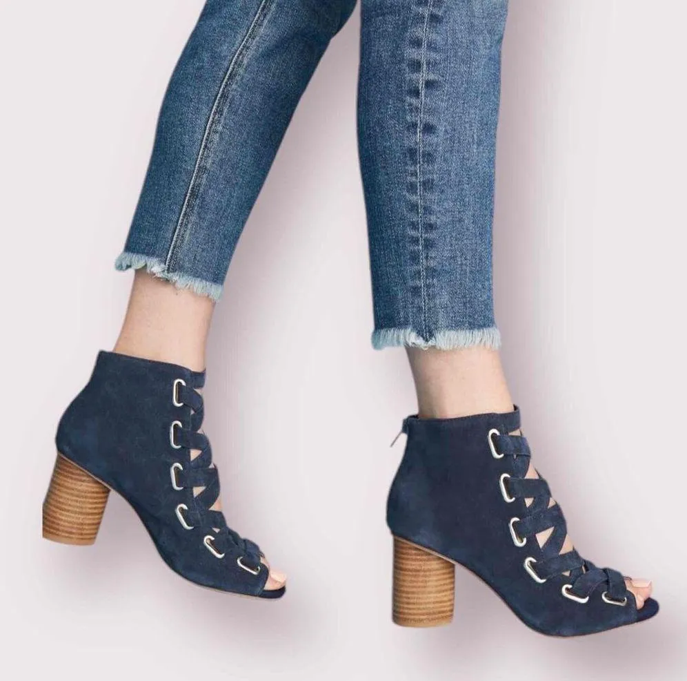 Jeffrey Campbell Blue Suede Lace Up Block Heel Peep Toe Salazar Sandals Size 9.5 - Image 9