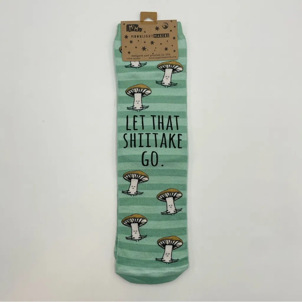 Let That Shitake Go Socks Mushroom Novelty Unisex Pun Green Stripe One Size NWT‎ - Image 2