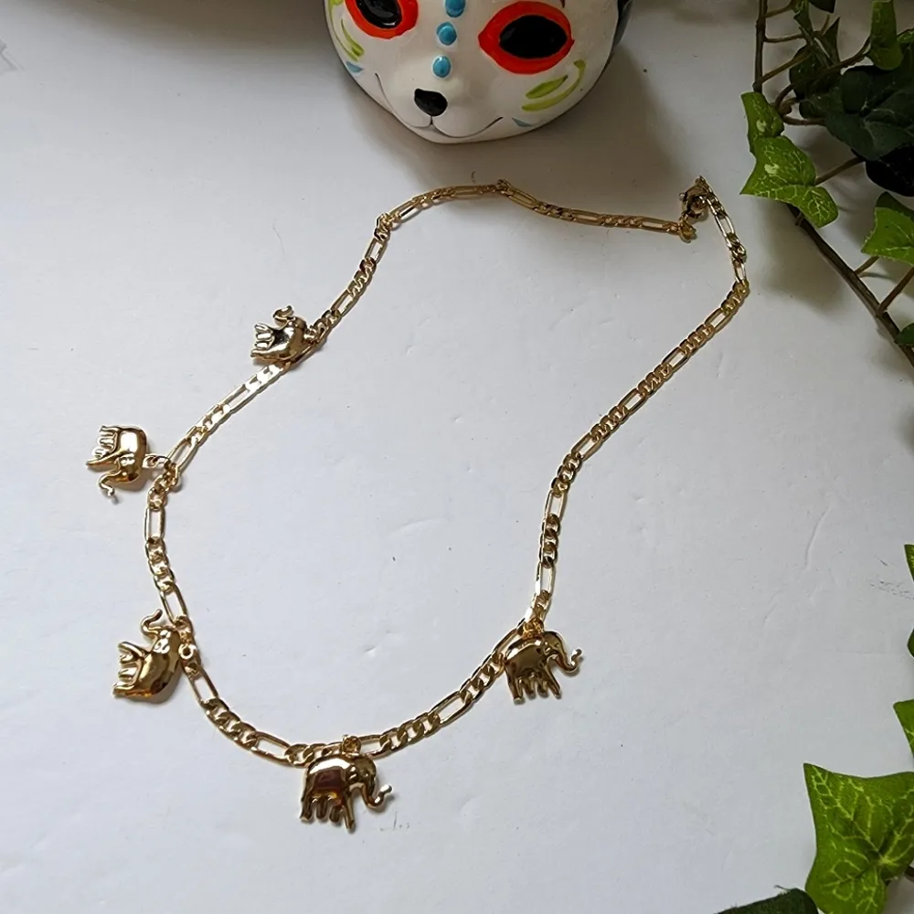 Figaro Chain Necklace with Dangle Elephant Charms Gold Filled New - Image 2