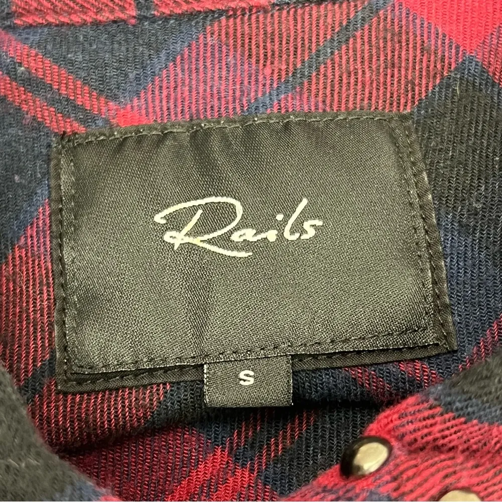 Rails Navy Blue Red Plaid Rex Studded Flannel Button Up Raw Hem Shirt Size Small - Image 3