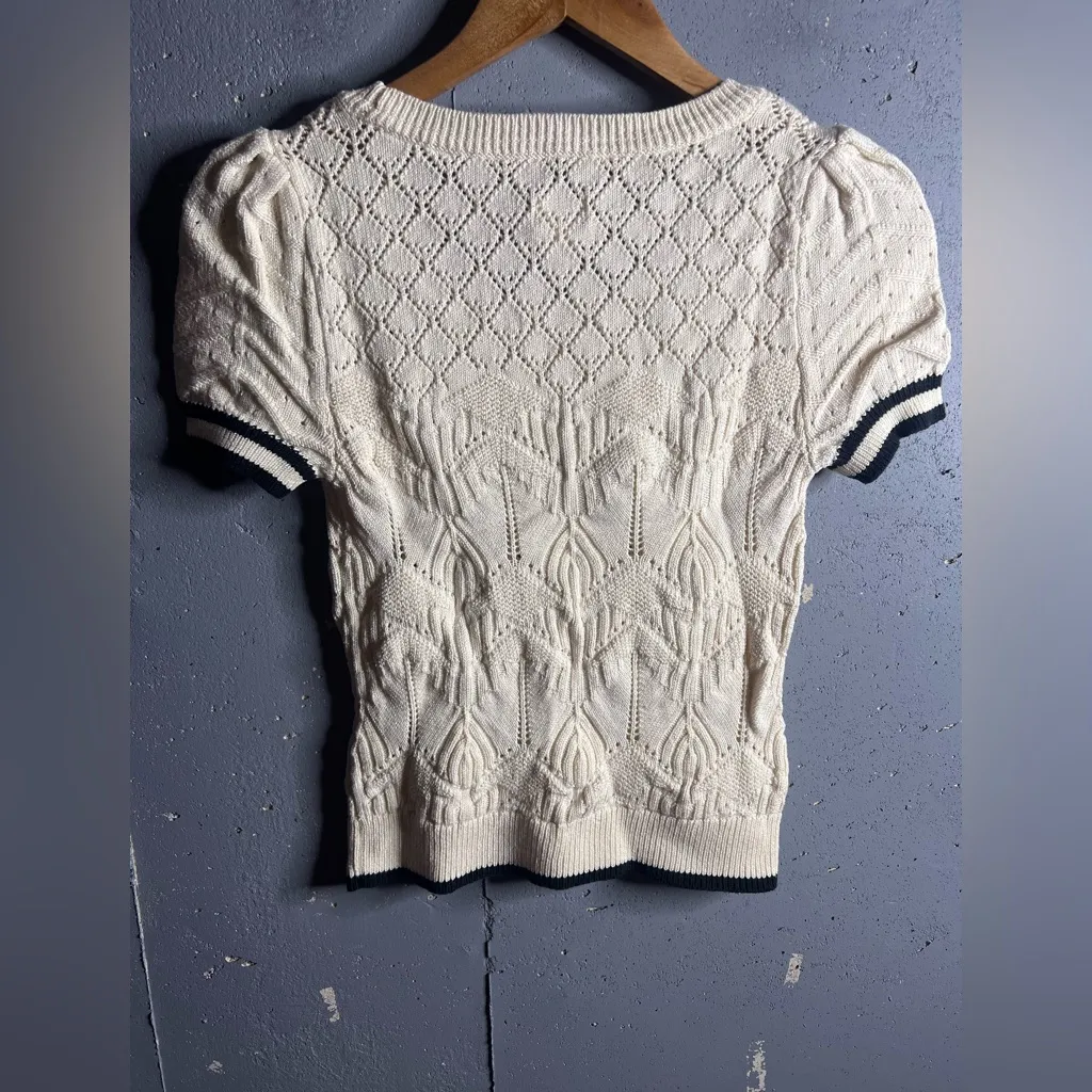 Maeve Short-Sleeve Pointelle Sweater in soft cream color.  Size XS - Image 4