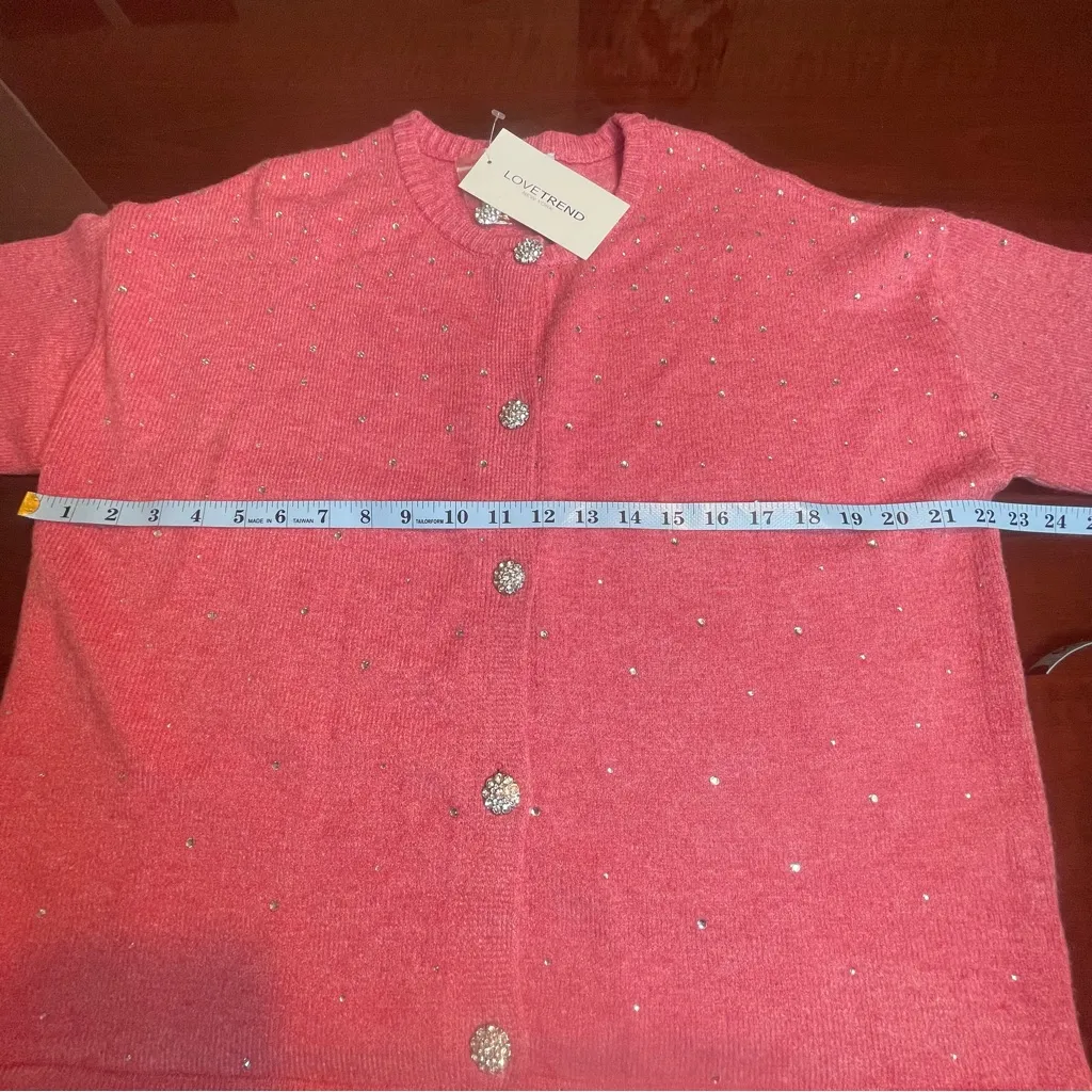 LOVETREND Coral Pink Sparkle Embellished Cardigan Rhinestones Romantic Sz XL - Image 8