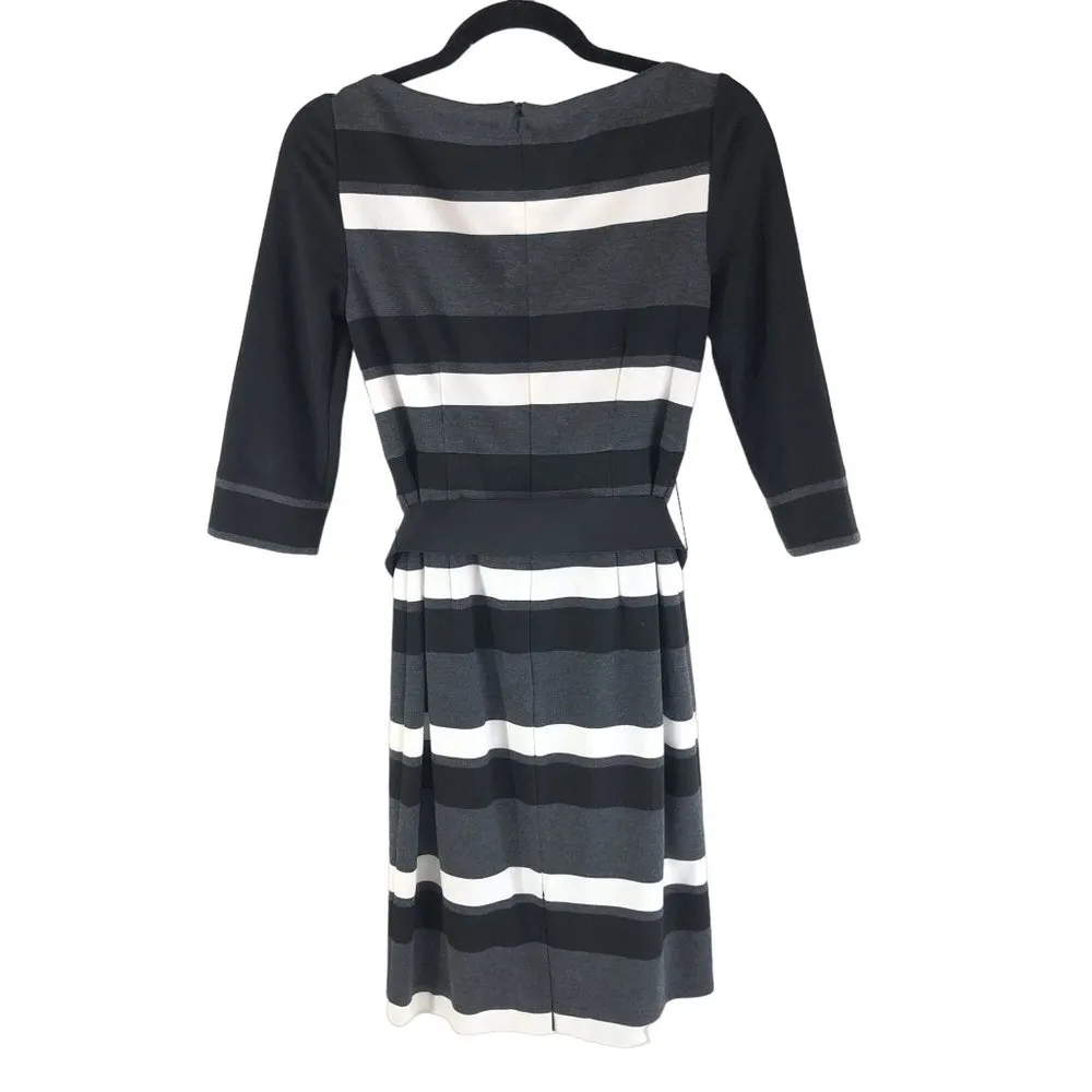 White House Black Market Shift Dress Striped 3/4 Sleeve Belted Black Gray 0 - Image 2