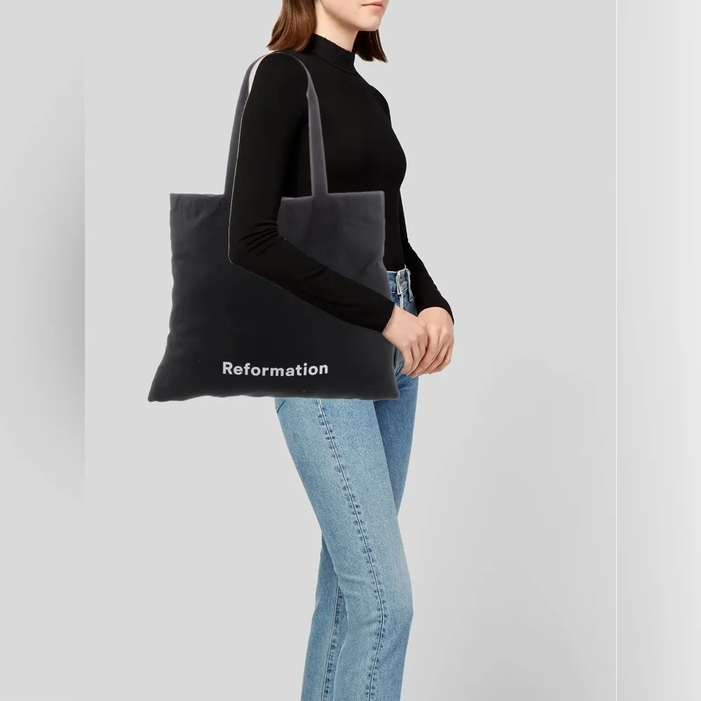 REFORMATION Canvas Tote Bag in Black With White Graphic Print & Wild Flowers - Image 4