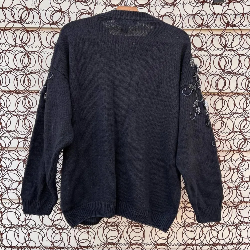 Vintage 90s black button down knit cardigan with rhinestone and bead detail Size L - Image 3