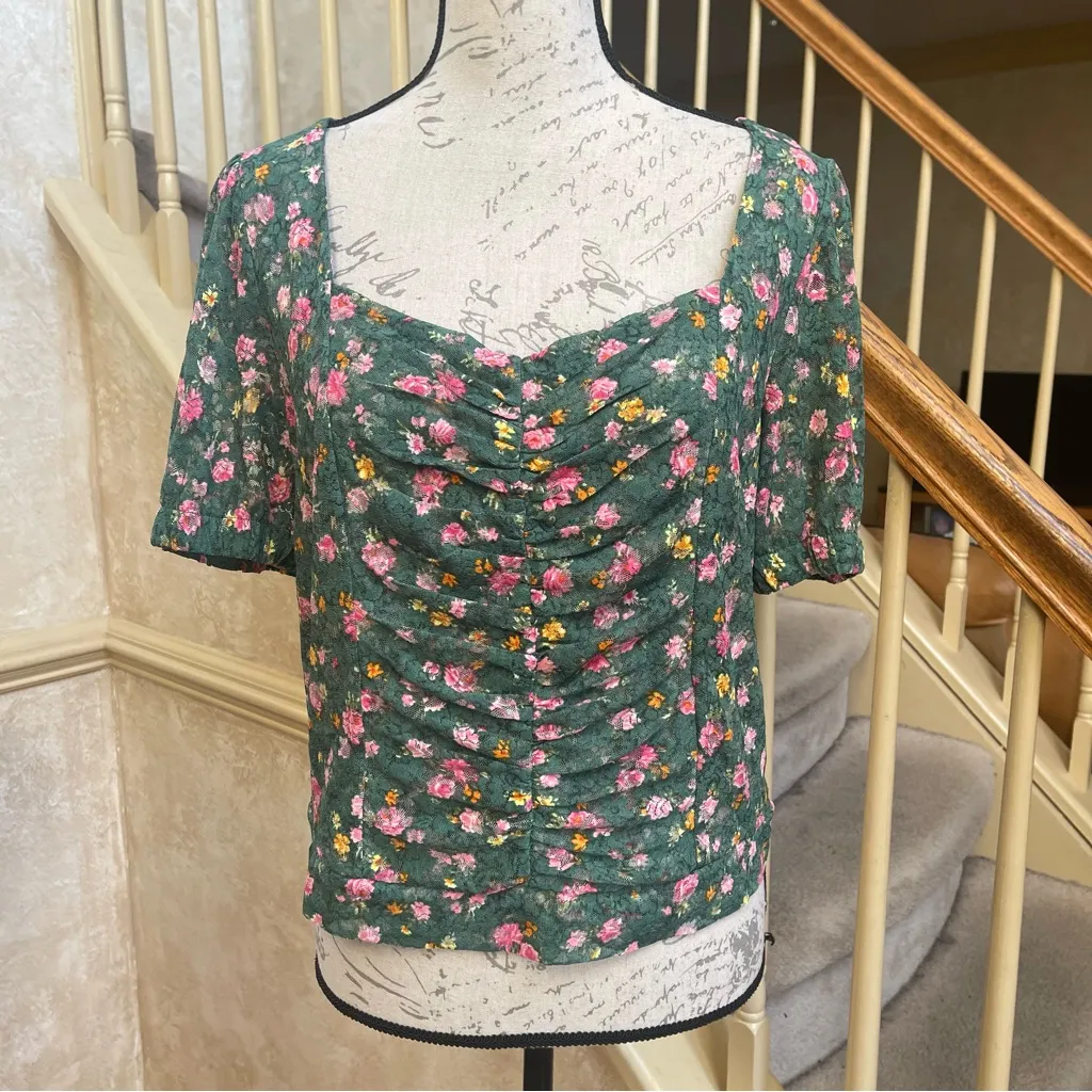 Elodie Floral Ruched Mesh Top XL Green Pink Sweetheart Neck Cottagecore village - Image 3