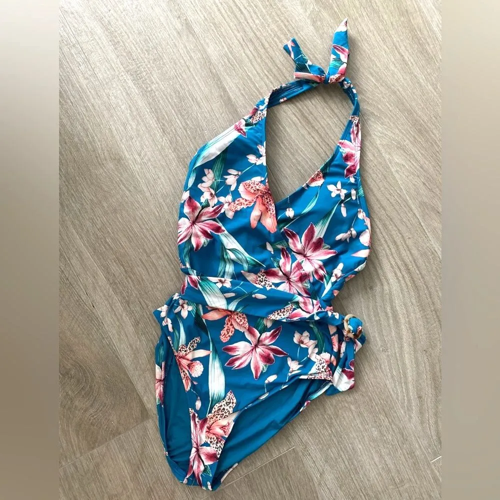 La Blanca Flyaway Orchid Plunge Halter One Piece Swimsuit Sz 10 Tropical Floral - Image 2