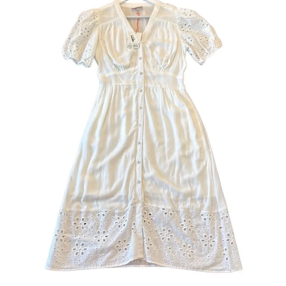 Knox Rose NWT white eyelet puff sleeve midi dress pockets small - Image 3